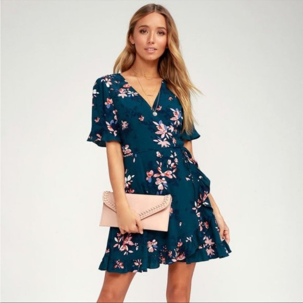 NWT Lulu’s Teal Floral Wrap Mini Dress